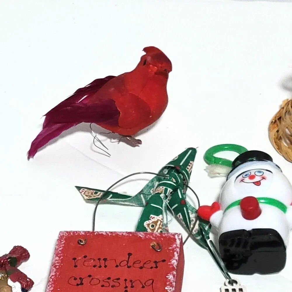 Vintage Christmas Ornaments Decor Lot of 16 Items Cardinal Bird Wood Metal